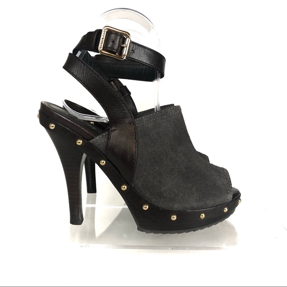 Tory Burch Bilson Clog Suede Leather Studs Ankle Strap Peep Toe Sandal Heels 6